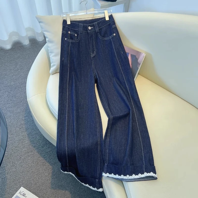 丹宁蓝蕾丝花边牛仔阔腿裤女2025夏季薄款翻边设计九分高腰直筒裤