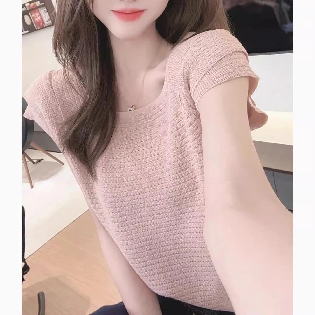 小个子气质减龄飞飞袖针织短袖t恤女夏季新款温柔漂亮百搭上衣
