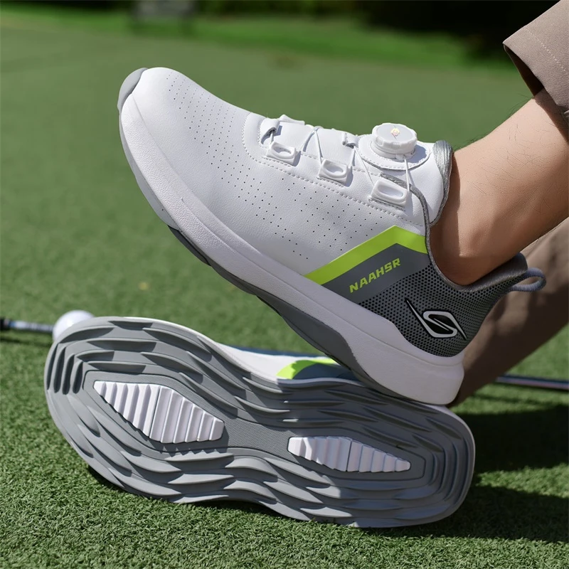 透气真皮高尔夫球鞋男款防滑旋钮鞋带无钉跨境外贸跑步鞋老爹鞋