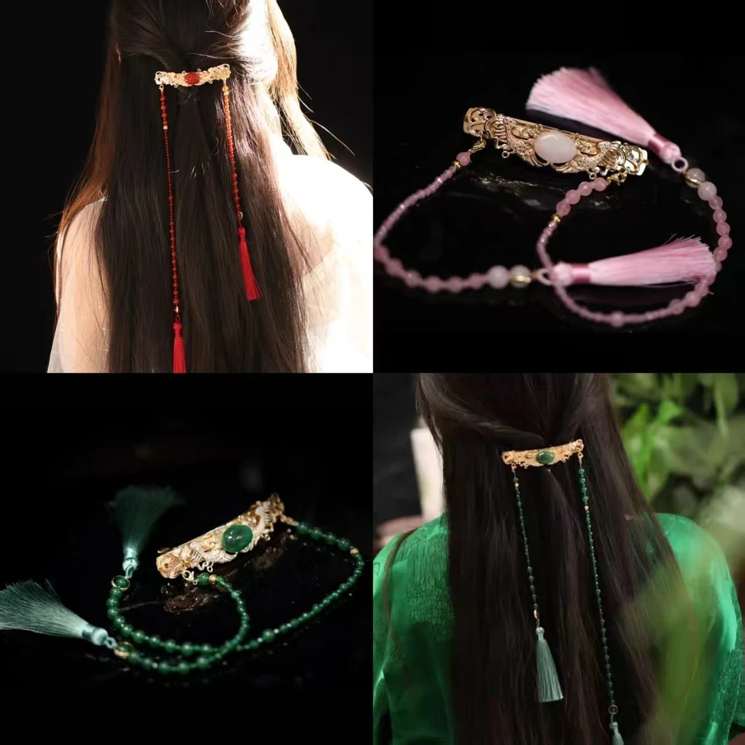 中式红色流苏束发夹国风复古马面裙弹簧夹配饰汉服战国袍超仙发卡