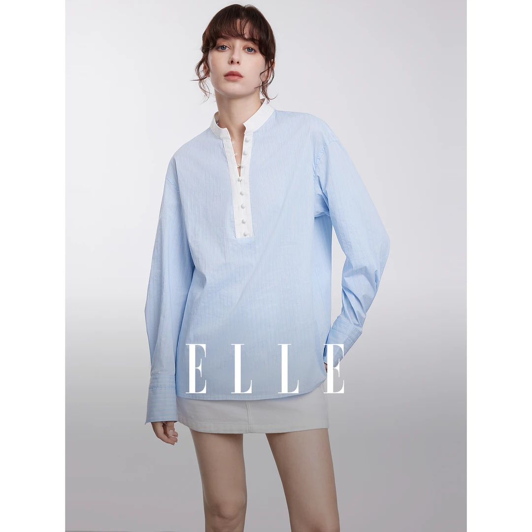 ELLE新中式衬衫蓝白条纹小衫女2025春季新款温婉大方衣服EM50786