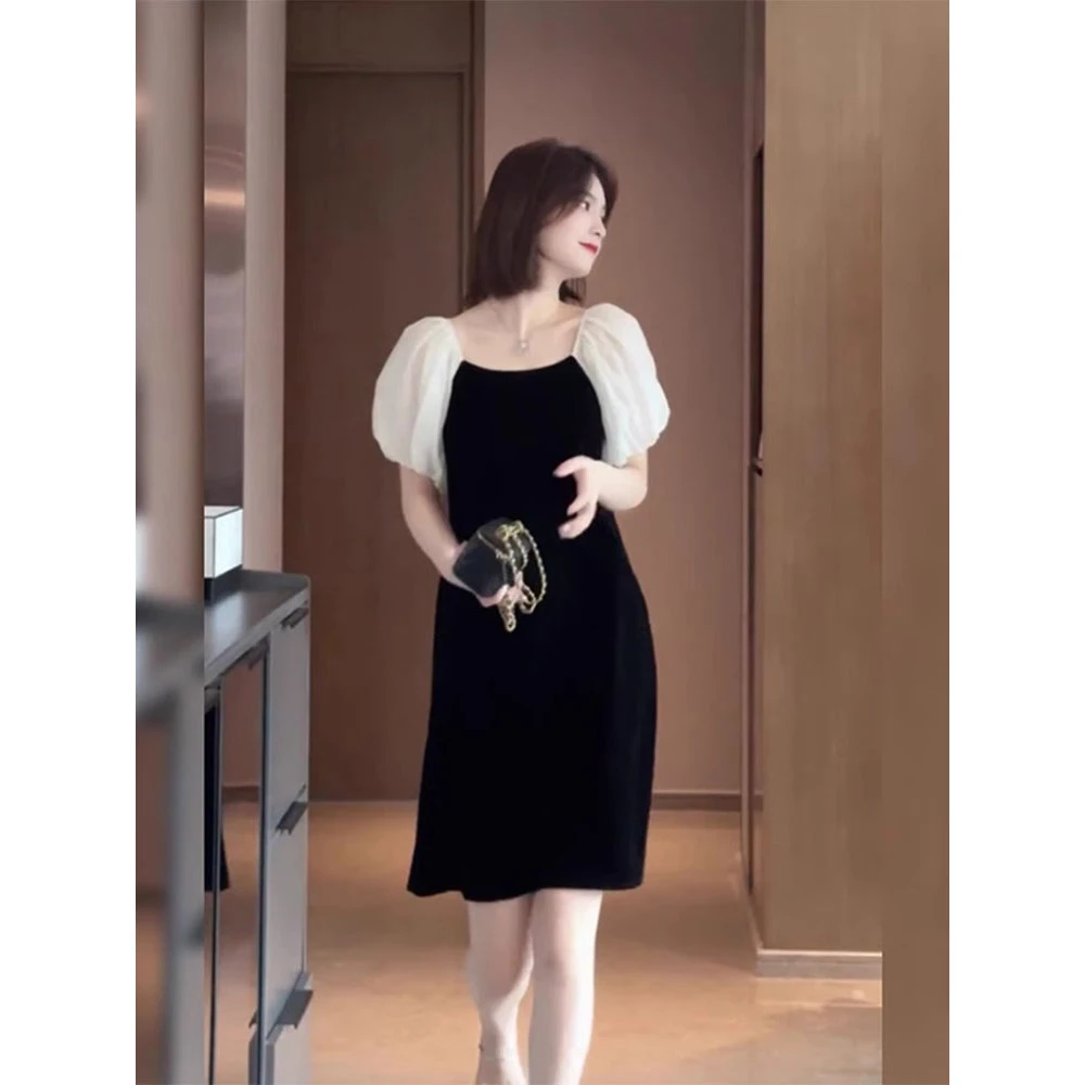 可甜可盐连衣裙女夏赫本风微胖遮肚子减龄漂亮黑色裙子法式小黑裙