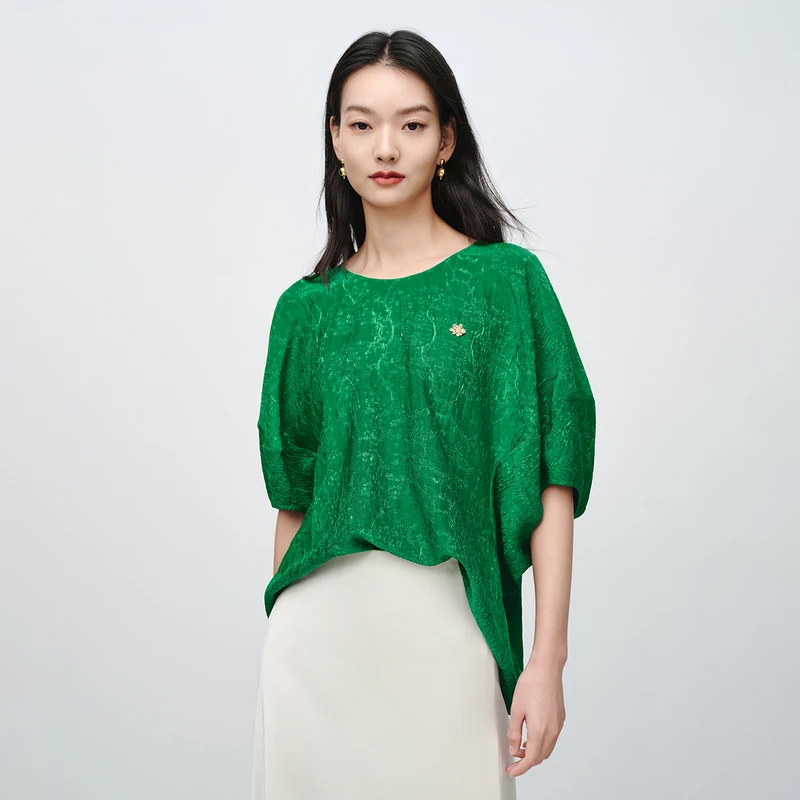 EP雅莹新款 气质桑蚕丝肌理感提花宽松圆领廓形衬衫2341A