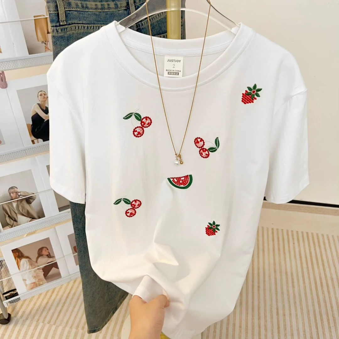 2025夏季新款特大码300斤胖妹妹mm刺绣短袖t恤女宽松上衣