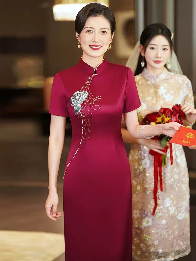 8779-珍珠灰花高端手工真醋酸结婚喜妈妈礼服高端贵气醋酸春夏新