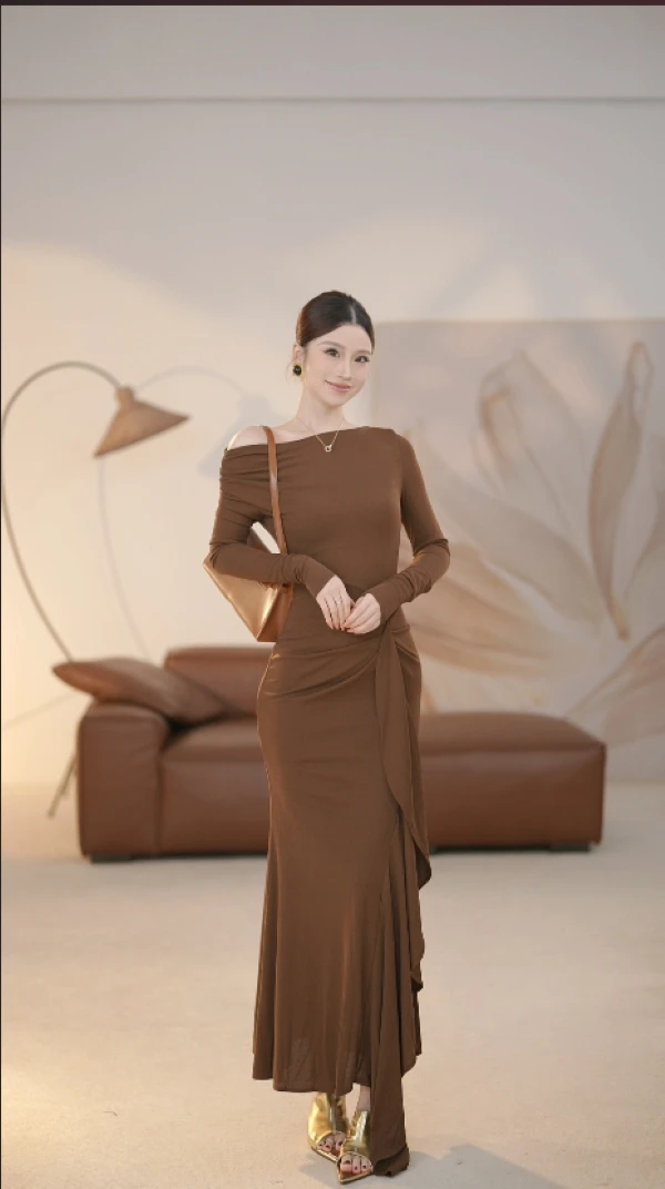 UU【暗秋深处】美拉德复古肩位多种穿法连衣裙YA617