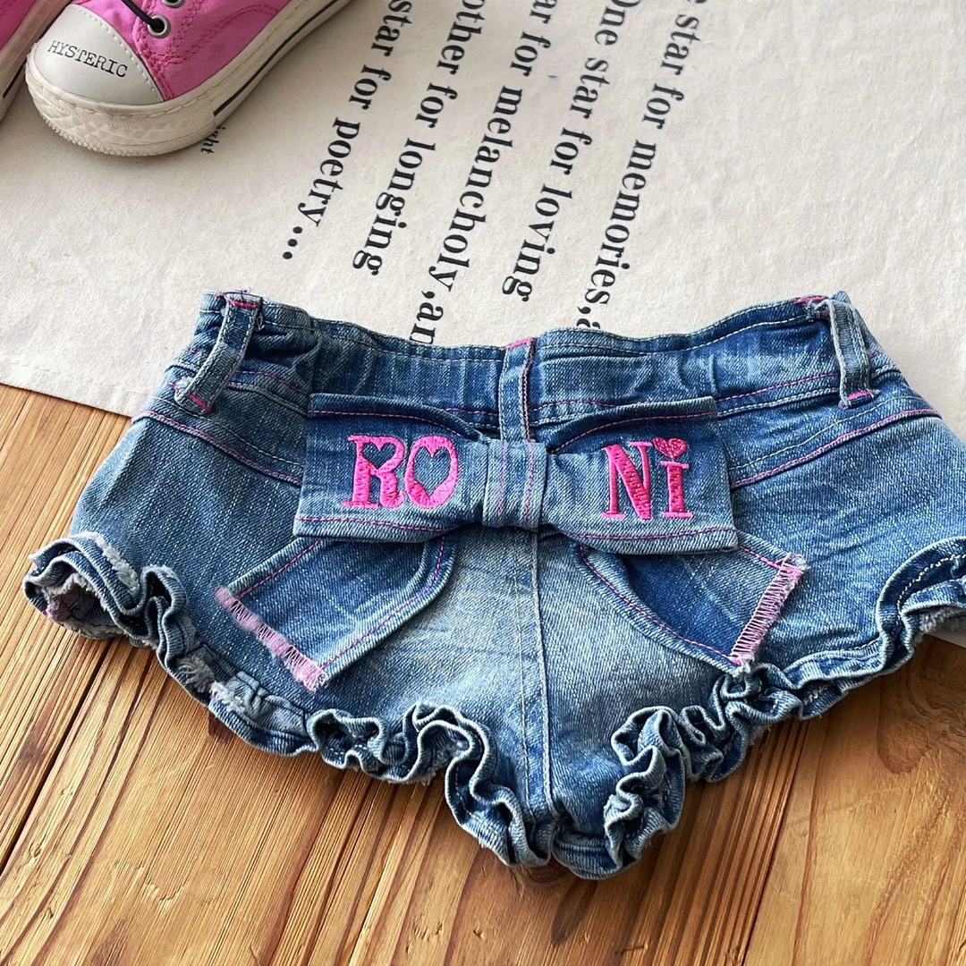 【定制清仓】日系童装中古蝴蝶结RONI女童热裤刺绣牛仔短裤