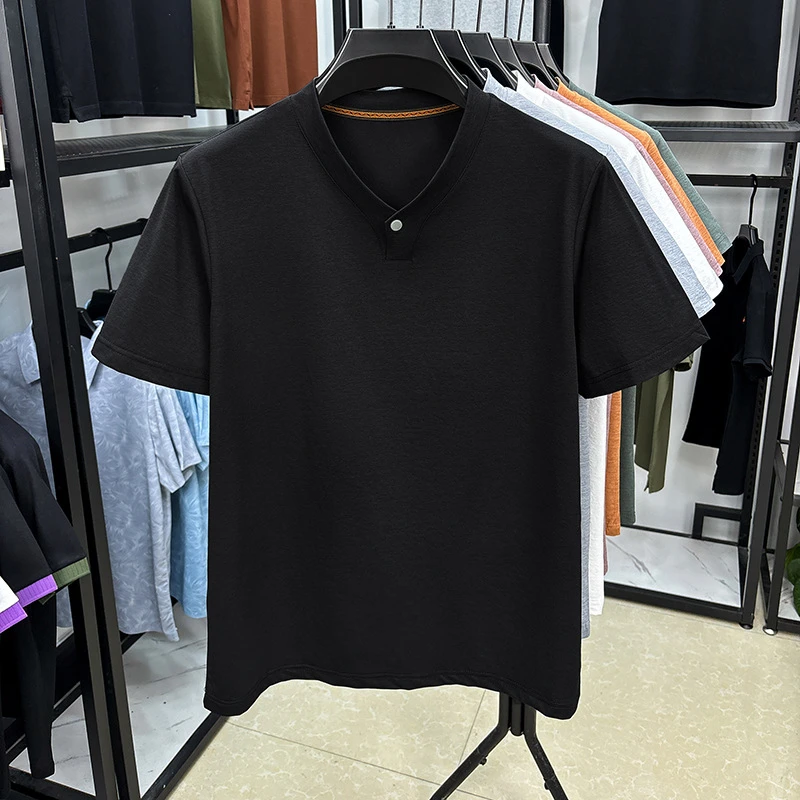 夏季宽松百搭爆款领一粒扣短袖恤男士2025夏季薄款宽松百搭透气休