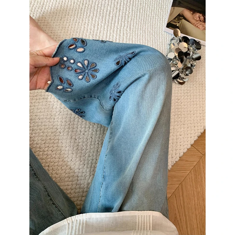 浅蓝色花边刺绣镂空高级感九分牛仔裤女2025新款夏季轻薄时尚显瘦