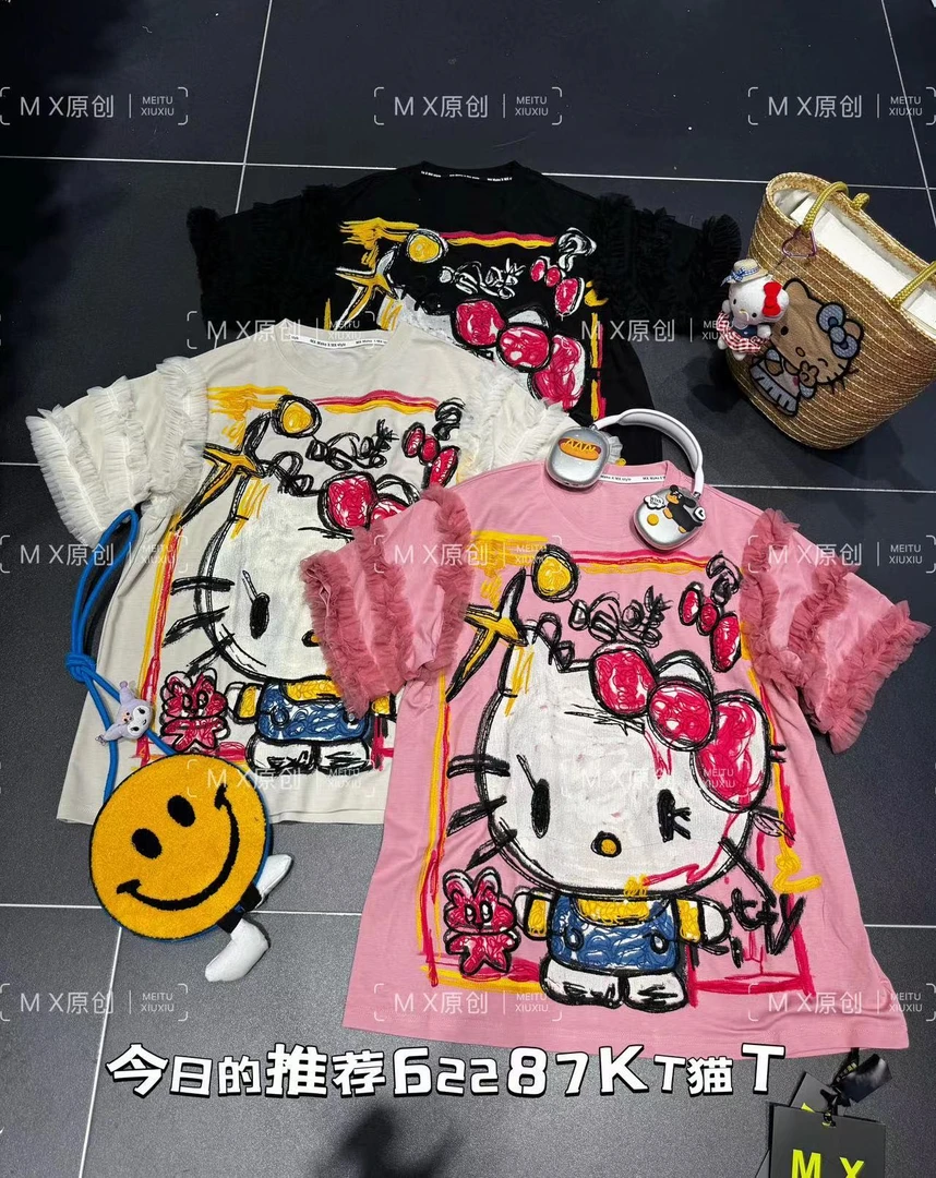 MX欧货2025春夏新款大版宽松大版重工洋气怀旧短袖t恤上衣女62287