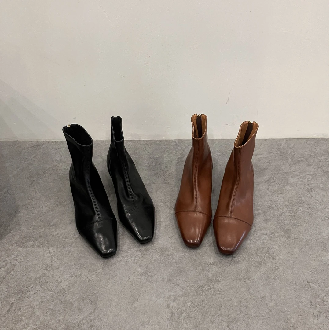 秋冬季新款法式简约小方头粗跟瘦瘦靴后拉链设计百搭时尚短靴靴子