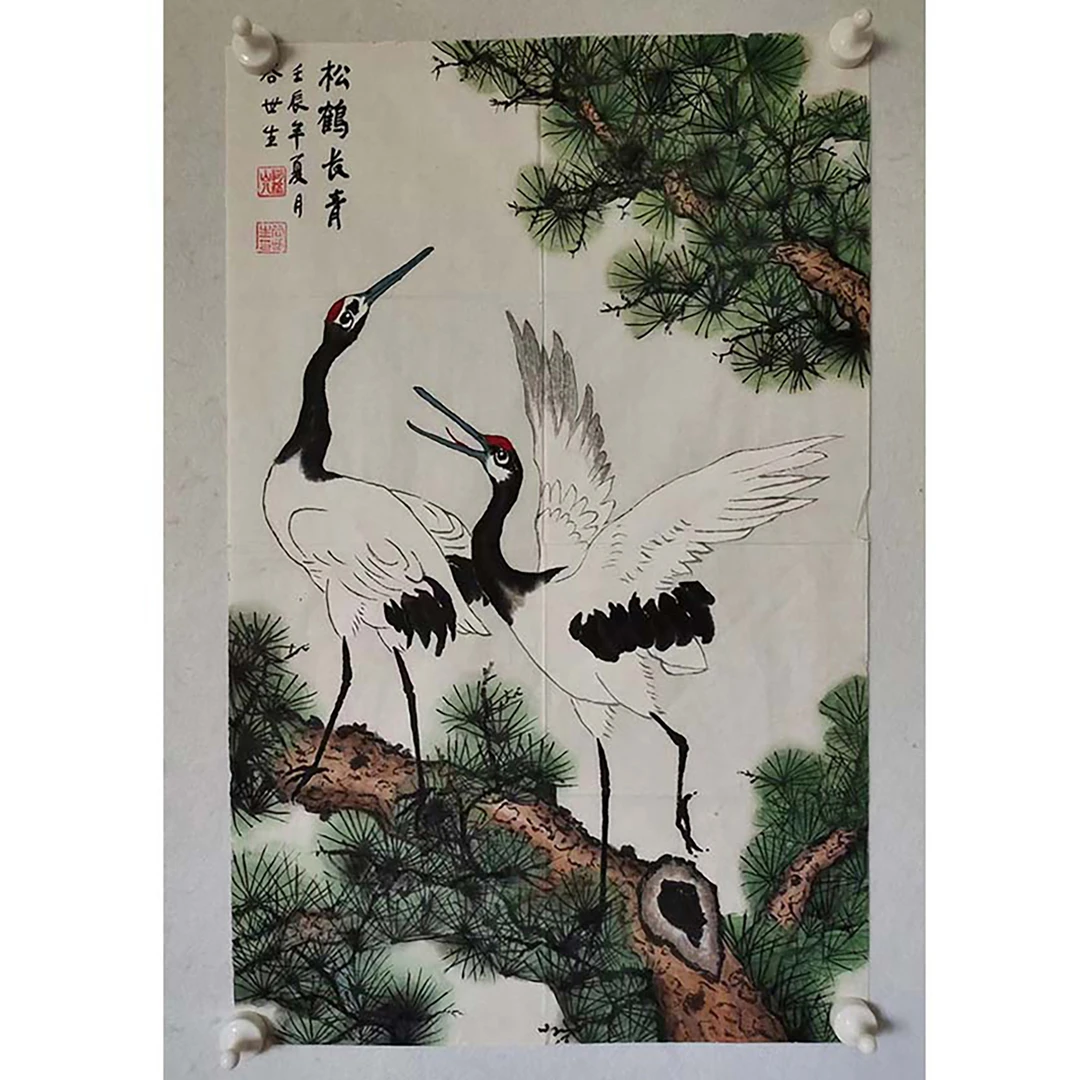 4088 纯手绘老字画《松鹤长青》斗方  尺寸 68×68