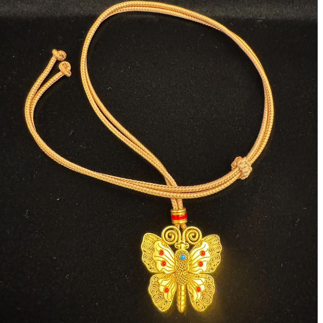 足金999黄金手雕篆刻古法工艺花丝蝴蝶编绳  吊坠