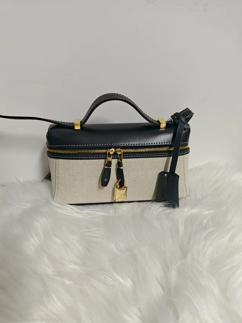 2025新款头层牛皮配布LP单肩斜挎包黑配米白F1011