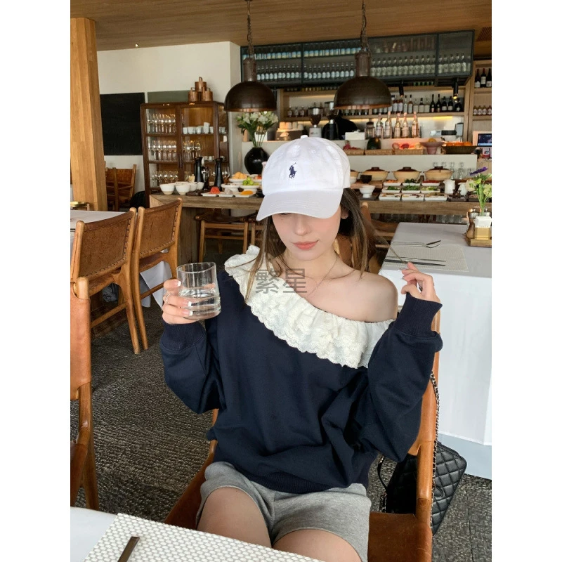 韩女法则 藏青色斜肩卫衣女2025新款蕾丝花边小众日韩女装