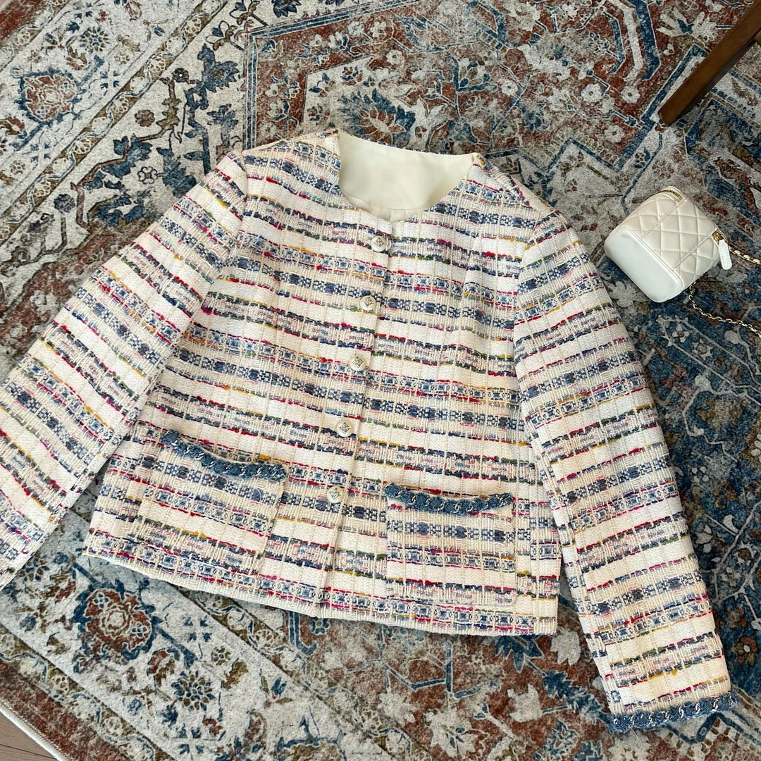 LNHJ【晚月】香风时尚粗花呢金属麻花边袖口拼接外套