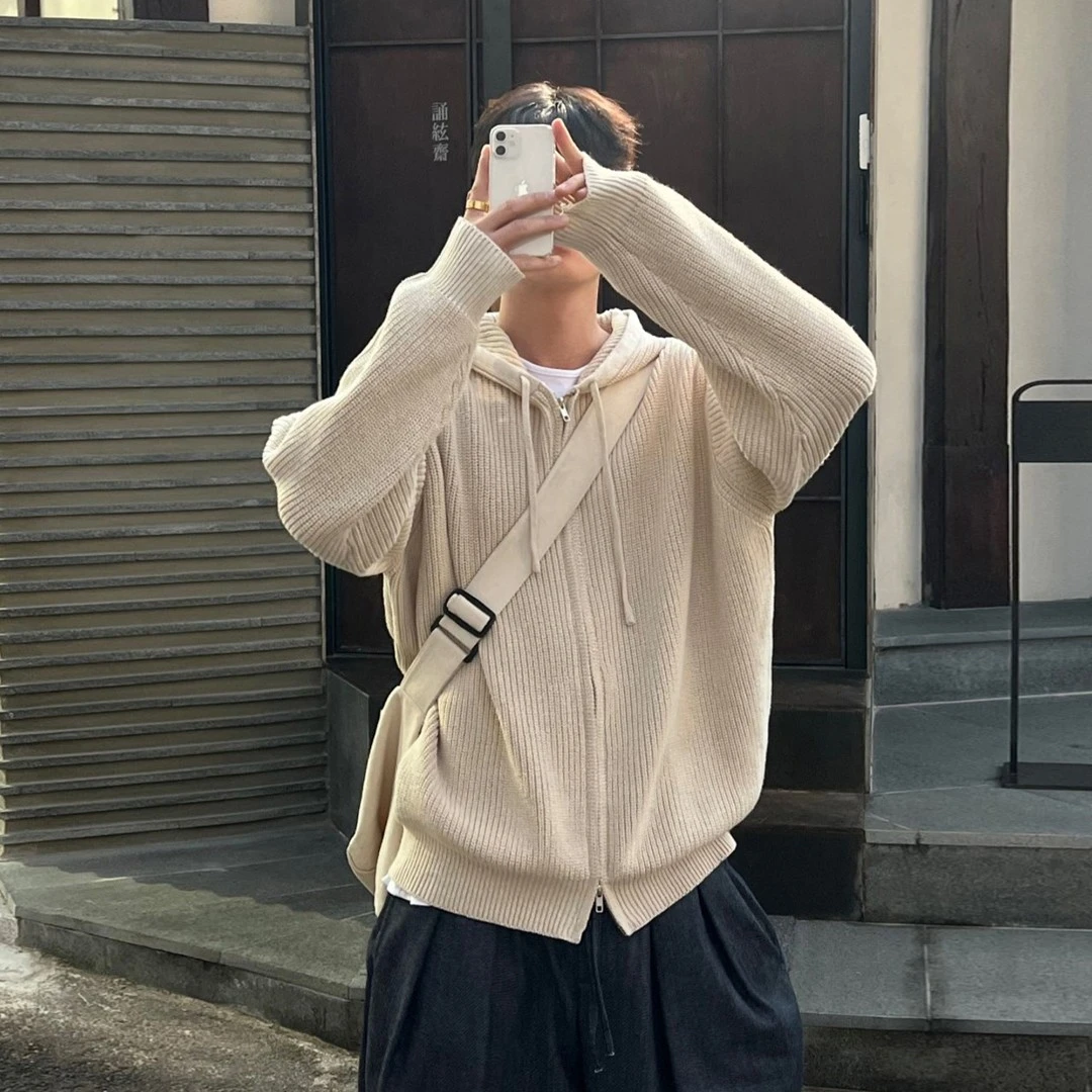 韩版高级感慵懒双拉链连帽针织毛衣男秋冬季休闲宽松情侣开衫外套