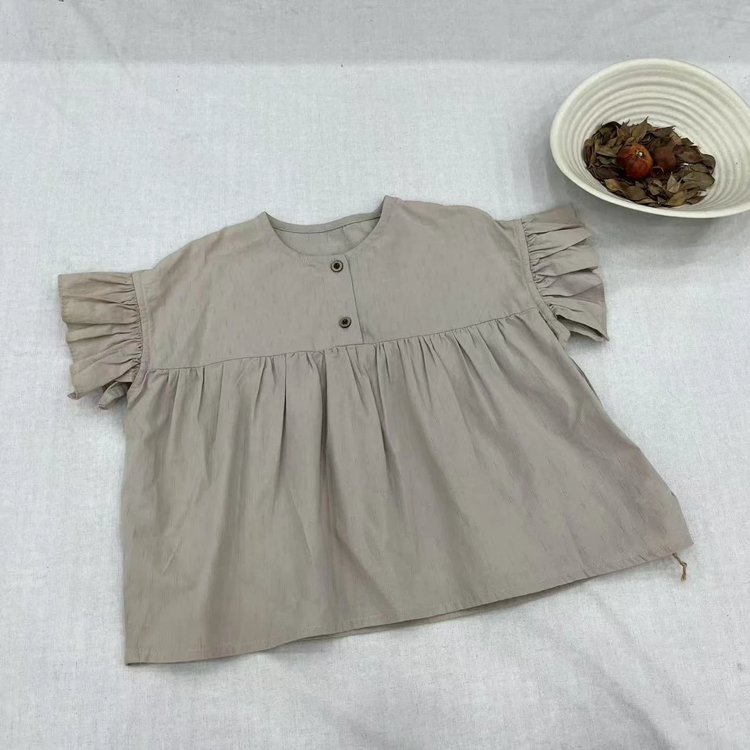 〖姐姐家〗2025夏款儿童萌娃穿搭飞袖圆领娃娃衫衬衫j3076