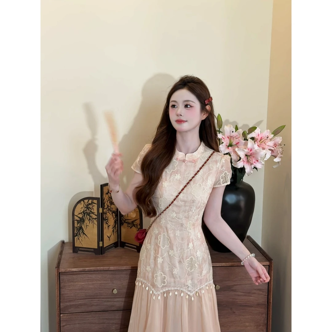【云翩翩】<77>新中式蕾丝镂空刺绣假两件拼接旗袍连衣裙XMZH7966