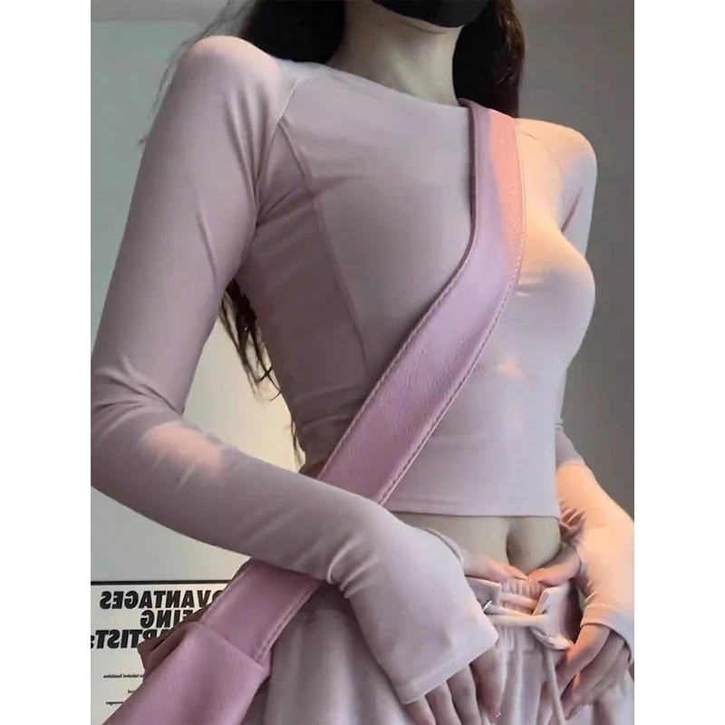 美式甜酷设计感保暖打底衫2025春季新款精致短款圆领正肩长袖上衣