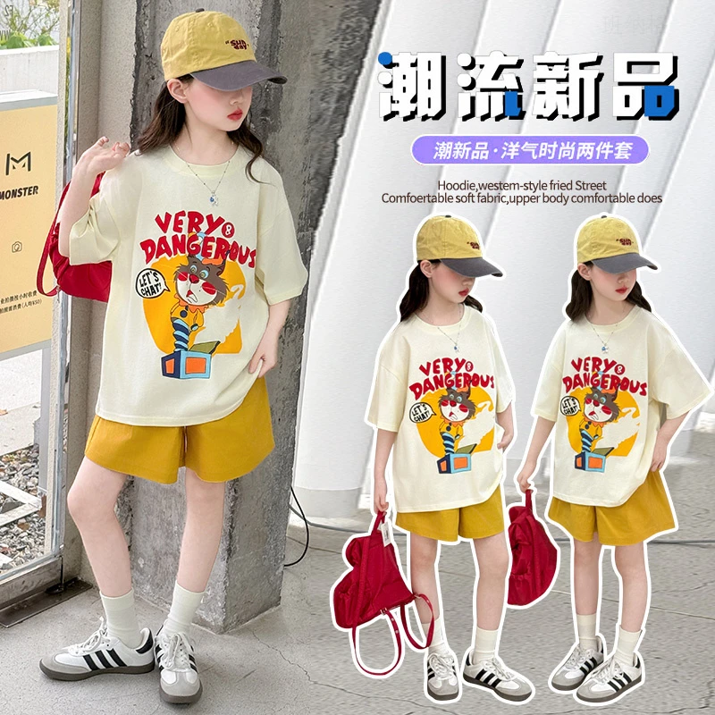 夏季韩版女童印花套装透气棉质短袖裤子组合中大童