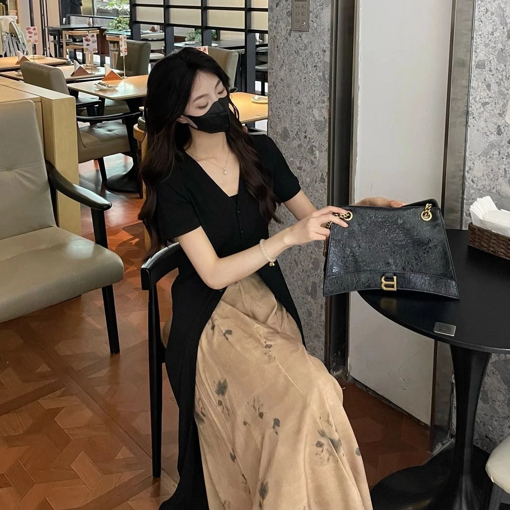 2025夏装搭配一整套黑色连衣裙水墨阔腿裤两件套盐系轻熟时尚套装