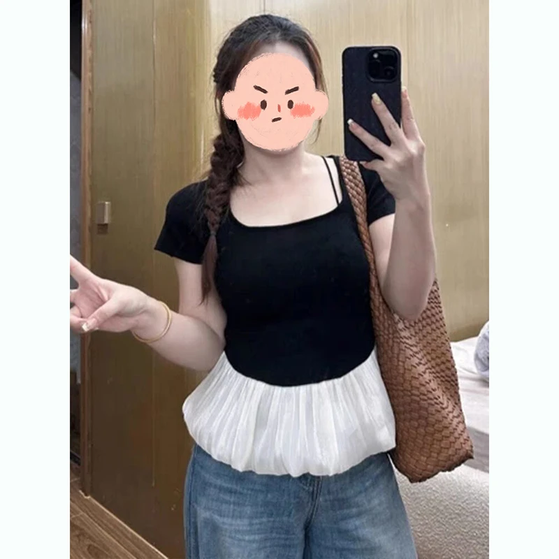 A大码撞色拼接方领T恤女夏季胖MM显瘦遮肚上衣设计感别致正肩短袖
