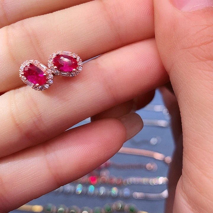 红宝石耳饰银S925镶嵌