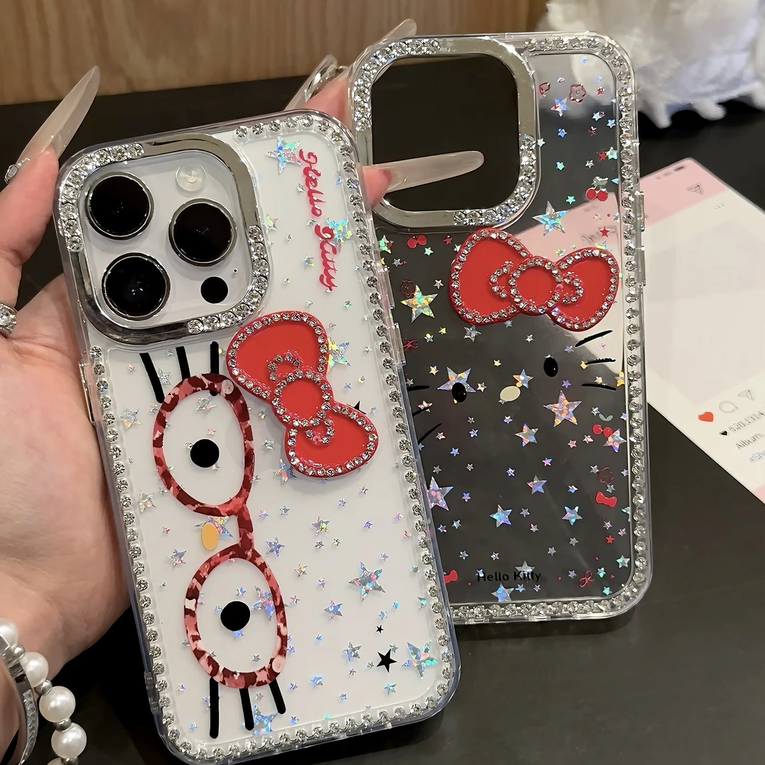 雅天立kitty表情蝴蝶结适用苹果16闪钻手机壳iPhone15promax/13女