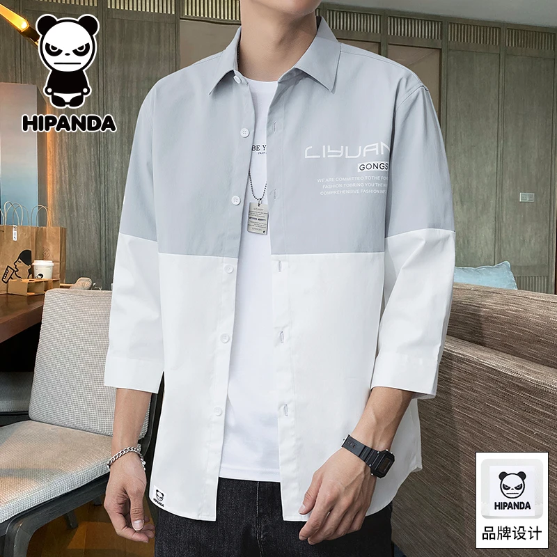 HiPanda你好熊猫秋季款七分袖衬衫男士宽松休闲百搭潮流翻领上衣