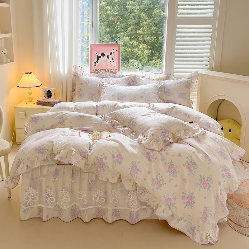 韩式花边纯棉四件套纯棉100%全棉公主风床裙四件套韩式田园风被套