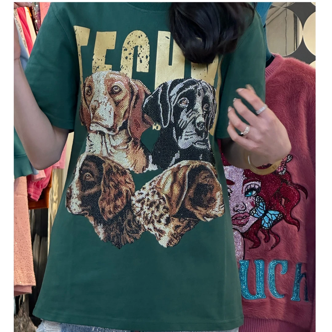 TCH轻奢烫钻工艺绿色四只小狗宽松圆领T恤女T21110C6034私服tch