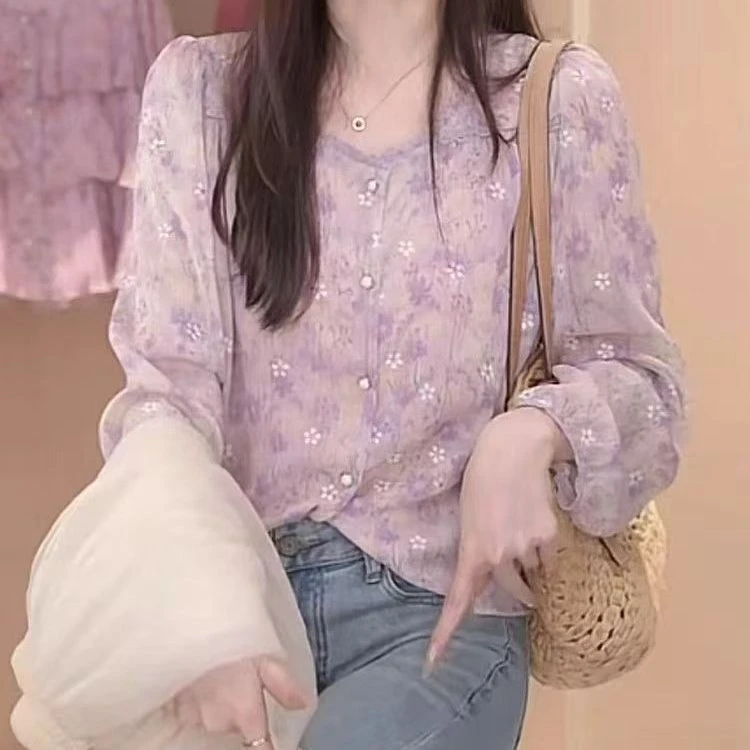 2025长袖圆领纯色印花衬衫女单排多扣百搭宽松显瘦衬衣夏季上衣潮