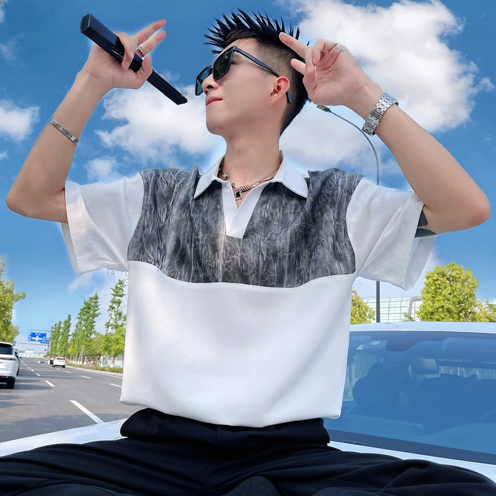 高级感扎染拼接短袖衬衫男潮牌V领宽松百搭男装2025新款冰丝衬衣