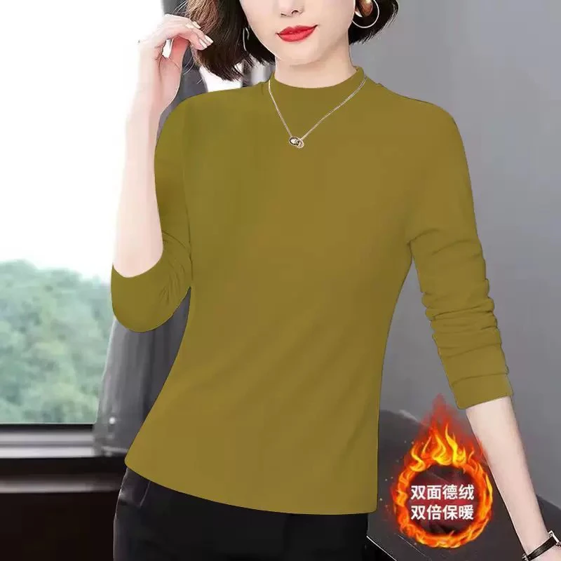 秋冬季德绒保暖时尚长袖t恤上衣2025半高领宽松打底衫