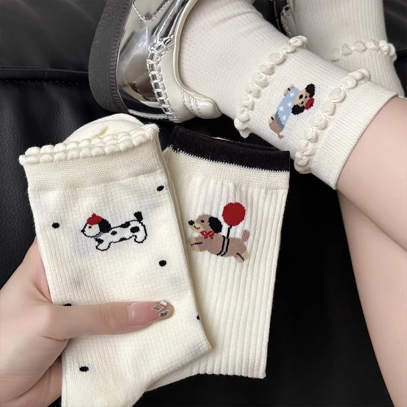 堆堆袜女花边设计棉袜春秋新款网眼透气可爱卡通小狗提花中筒长袜