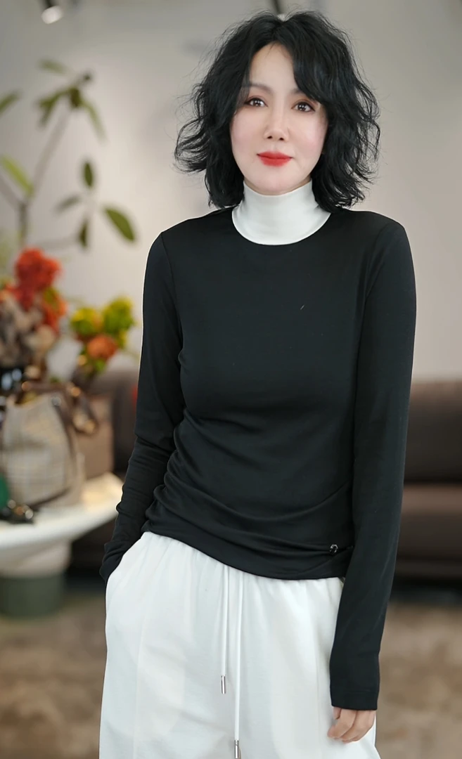 时尚百搭休闲立领山羊绒莱赛尔T恤/S28