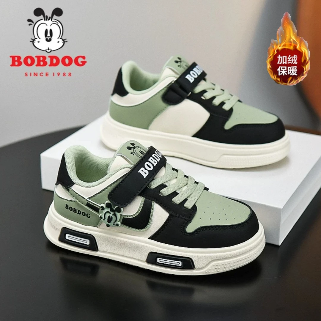 巴布豆儿童鞋男童皮面防水板鞋aj鞋子秋季加绒保暖低帮运动鞋6-12