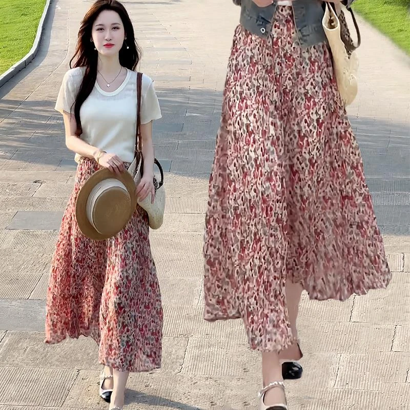 高级感红色雪纺碎花半身裙女夏季2025新款小个子青岛胖妹妹上衣