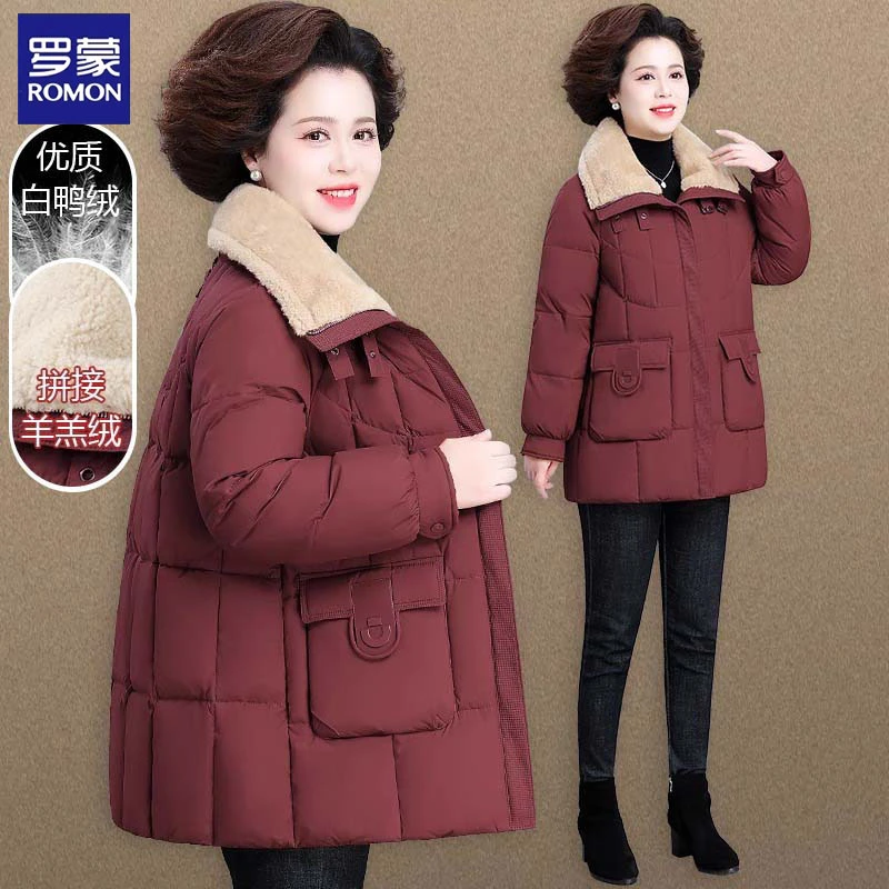 罗蒙妈妈冬装羽绒服中长款老年人秋冬季加厚保暖羊羔领外套女款