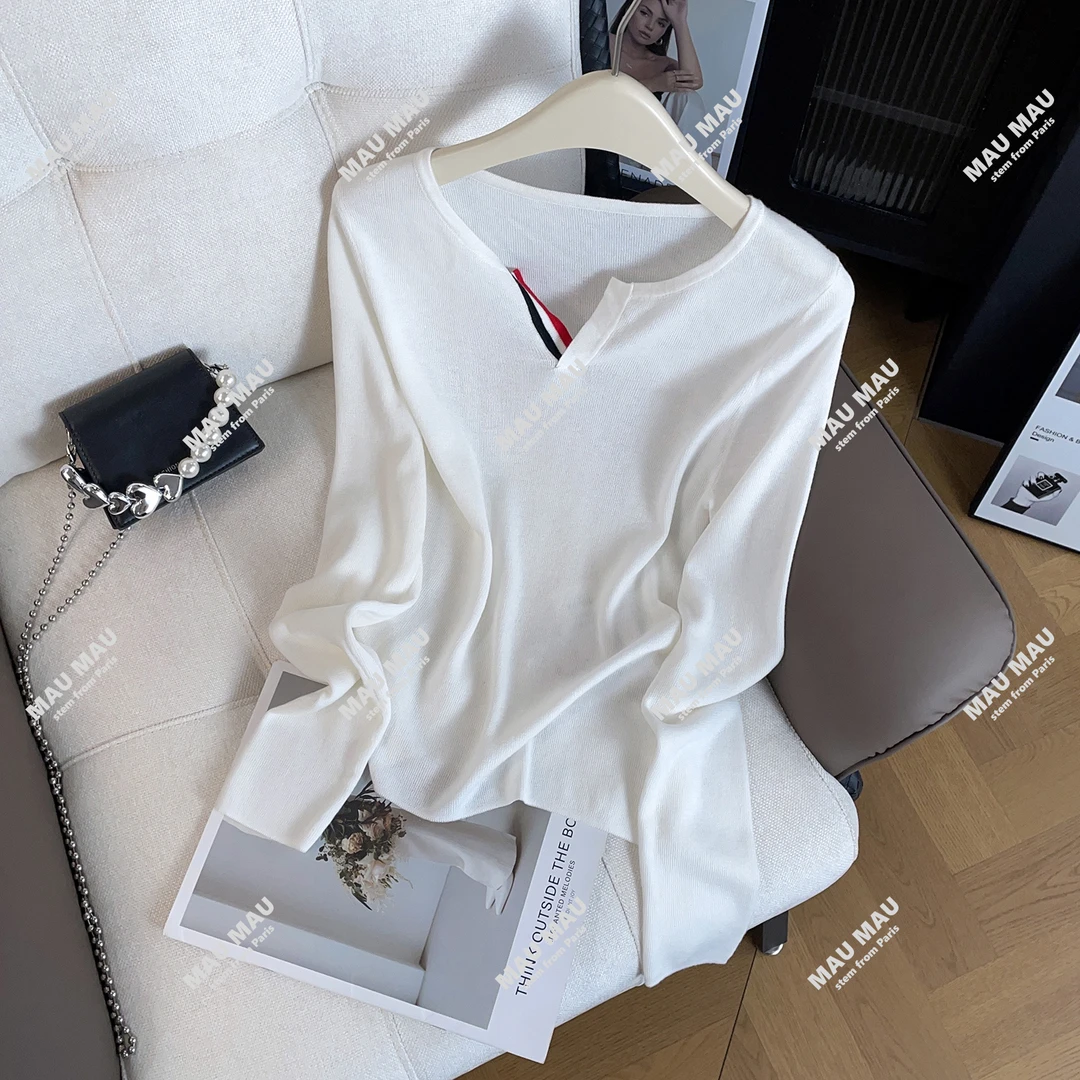 V领纯色长袖洋气针织衫打底女新款百搭洋气上衣DY8641