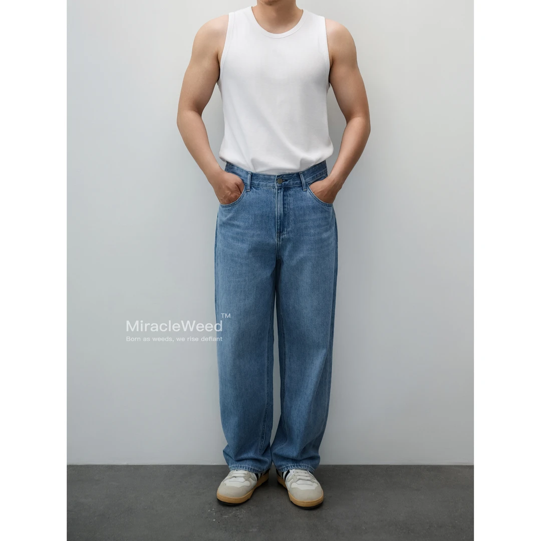 miracleweed 100%纯棉水洗蓝轻盈质地蓬松做旧百搭宽松直筒牛仔裤