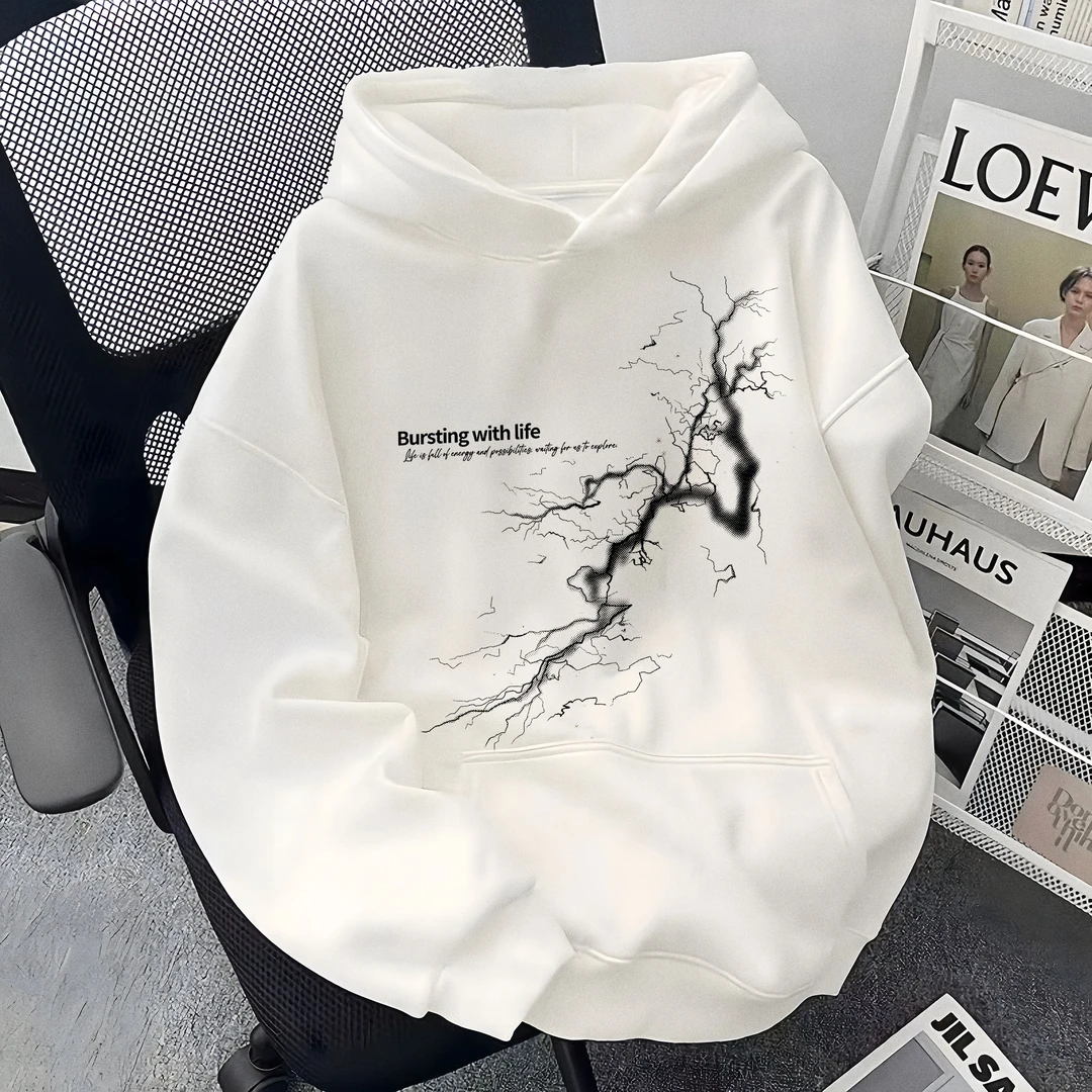 重磅美式高街闪电印花情侣款宽松潮流连帽卫衣男女秋冬款潮牌外套