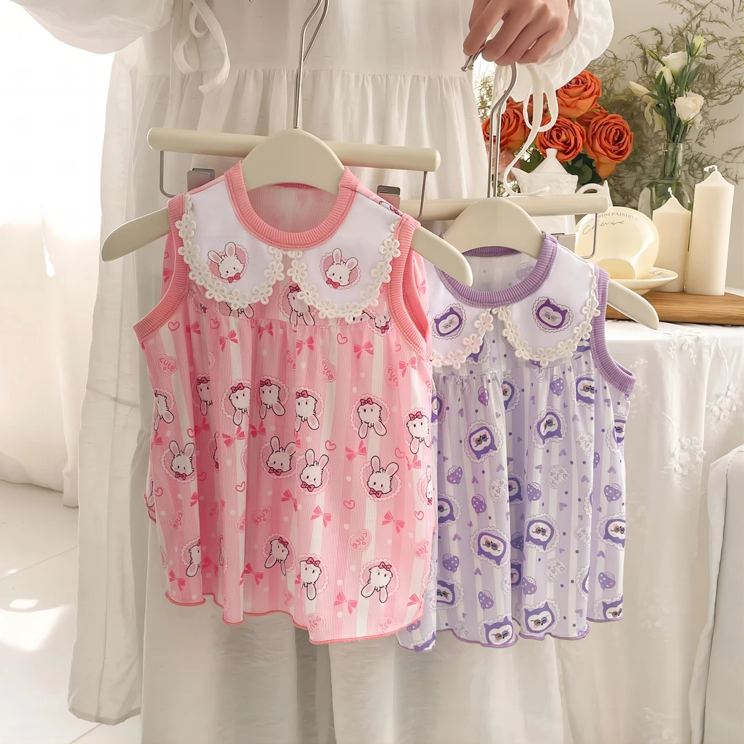 夏季儿童背心短裤套装女童可爱娃娃领卡通家居服宝宝公主风睡衣