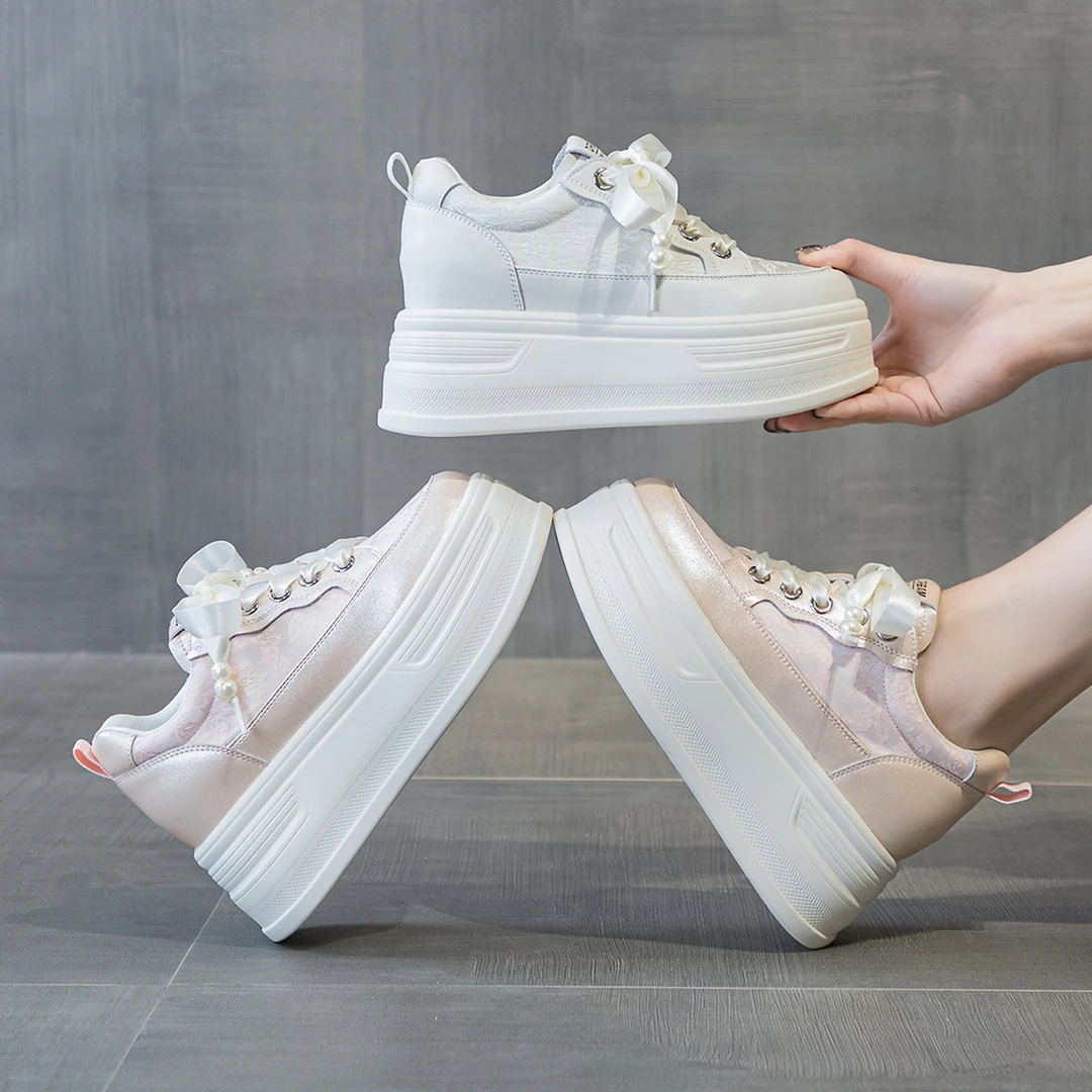 【现货】8公分2024秋季新款女厚底增高国风小白鞋系带运动休闲鞋子