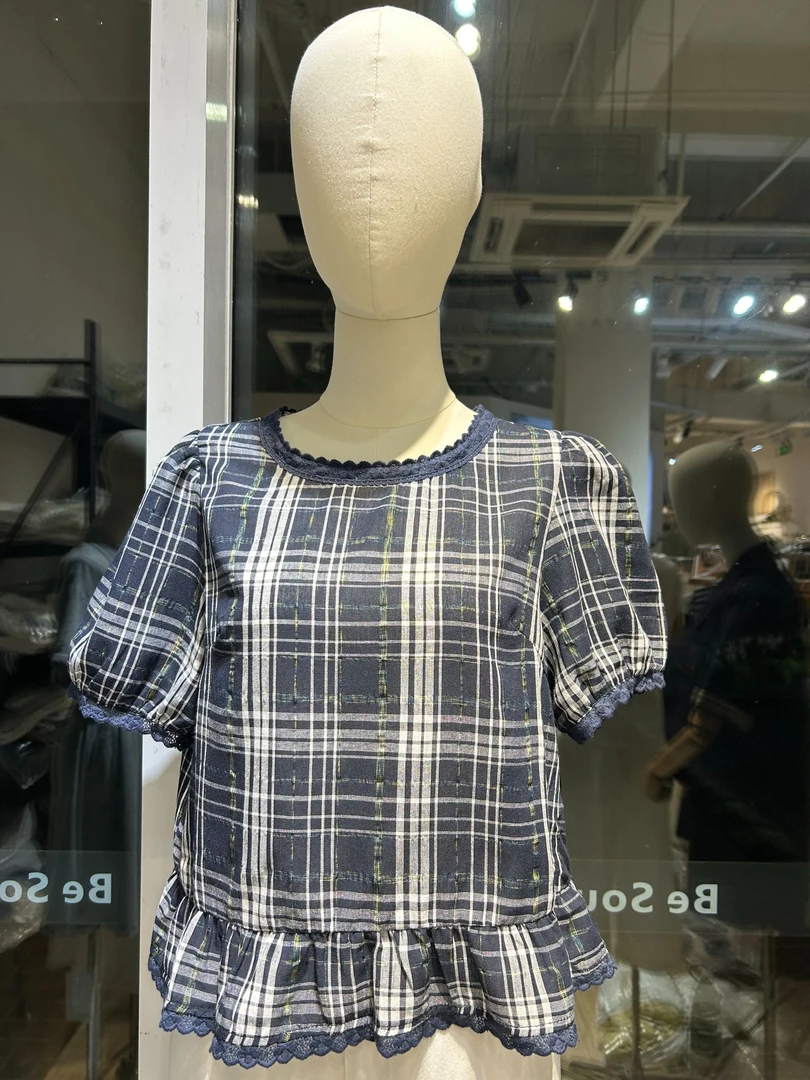 格子蓝色衬衫气质薄款 藏青格