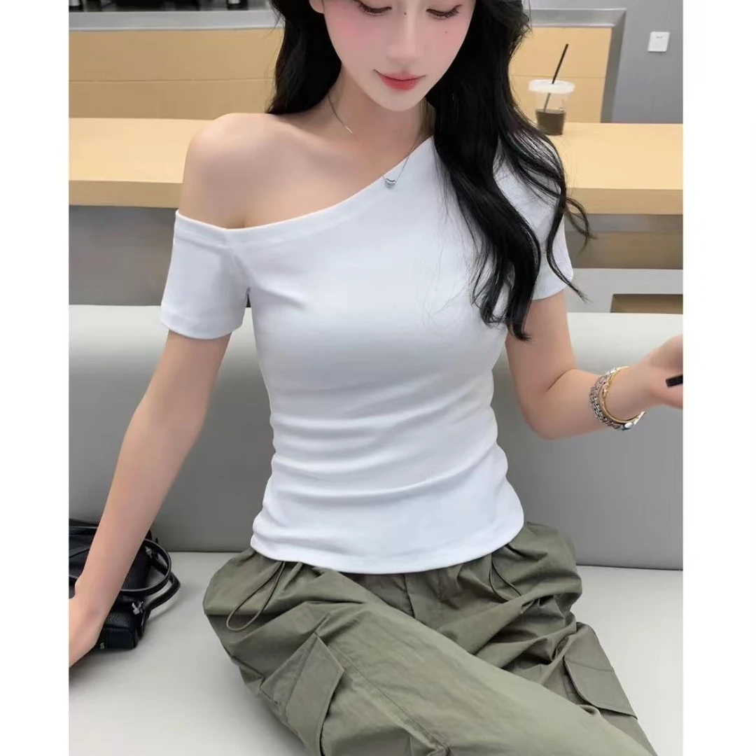 辣妹风露肩短袖T恤女夏季新款螺纹棉一字肩修身显瘦纯欲上衣打底
