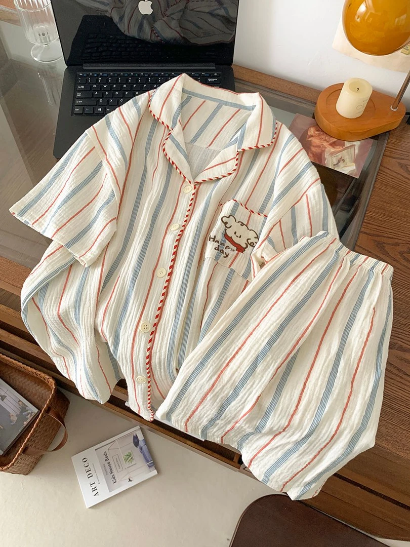 夏季甜美卡通可爱刺绣条纹双层棉纱短袖短裤睡衣女家居服套装INS
