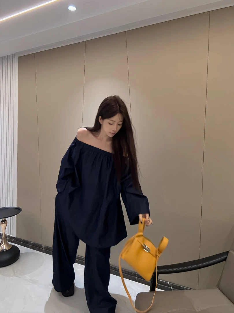 【夹子】法式复古蓝色牛仔夏季套装度假穿搭一字肩长袖衬衫阔腿裤女