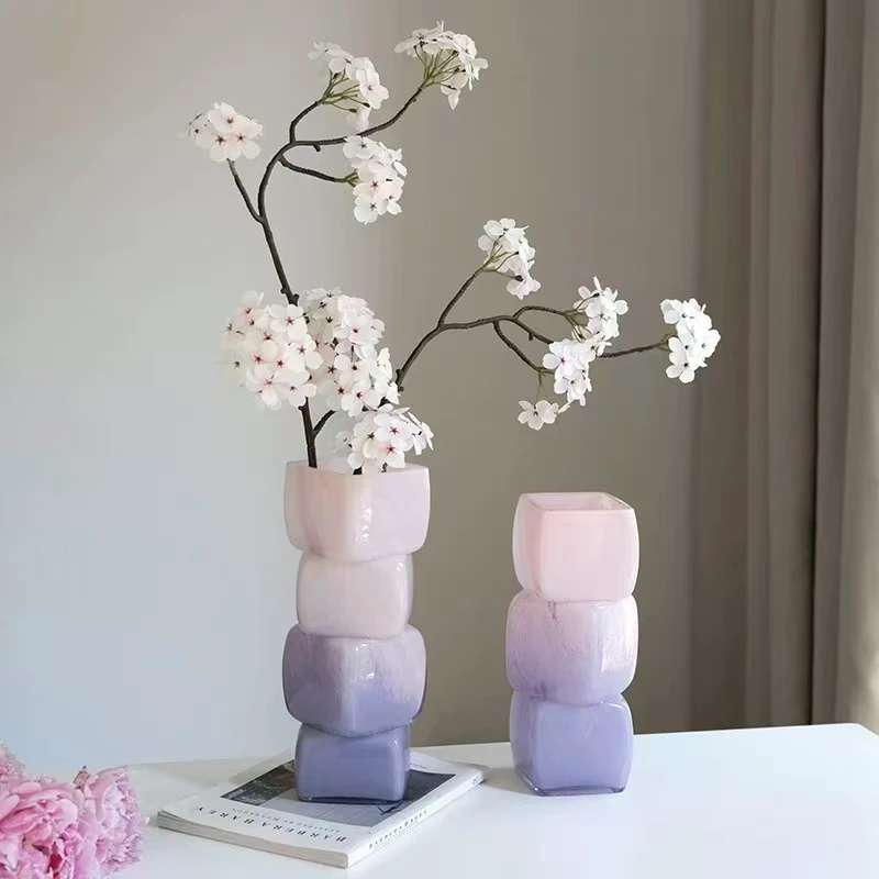 渐变彩色创意方块异形玻璃花瓶中古风高级花瓶各种插花摆件百搭